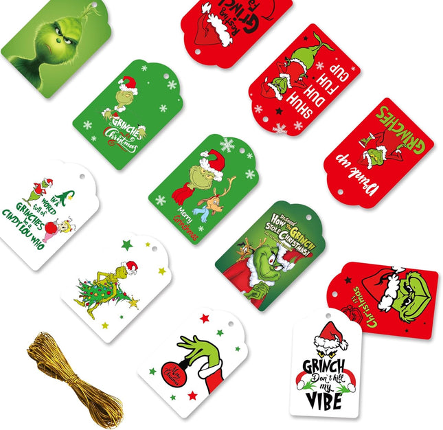 120 Christmas Gift Tags with Metallic Cord – 12 Glitter Foil Designs