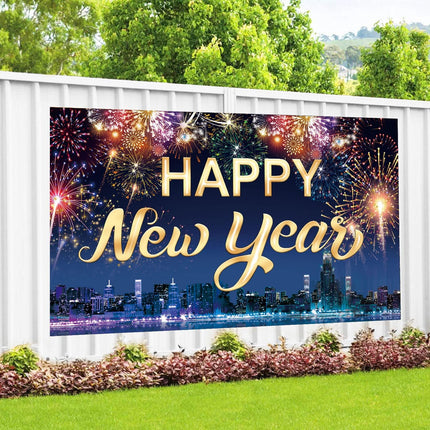 Happy New Year Fabric Banner Backdrop with Fireworks Photo Booth Decor