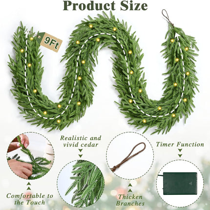 9ft Christmas Garland with Lights – Faux Norfolk Pine for Indoor/Outdoor Decor