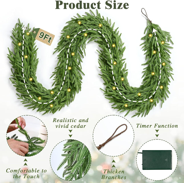 9ft Christmas Garland with Lights – Faux Norfolk Pine for Indoor/Outdoor Decor