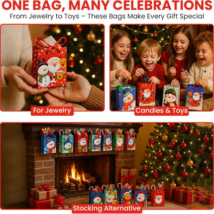 20-Pack Small Christmas Gift Bags – 4x6x2.5" Snowman, Santa & Reindeer