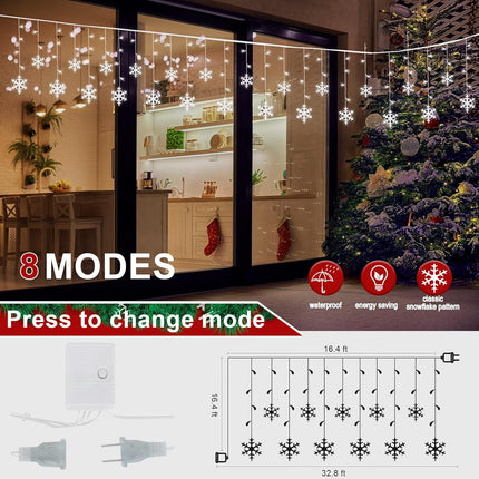 Christmas Snowflake Curtain Lights – 16.4ft 288 LED 8 Modes Cool White
