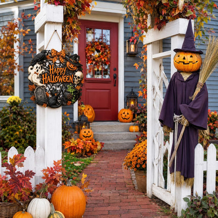 Halloween Wooden Black Cat Pumpkin Wreath, Happy Halloween Front Door & Porch Decor