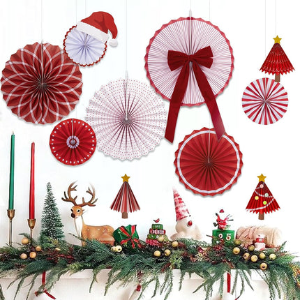 Christmas Hanging Paper Fans – Santa Hat with Gold Star Accents