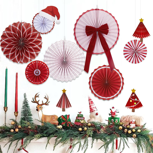 Christmas Hanging Paper Fans – Santa Hat with Gold Star Accents