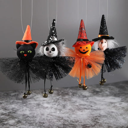 4-Piece Halloween Hanging Ornaments, Pumpkin Ghost Witch Black Cat Party Decor