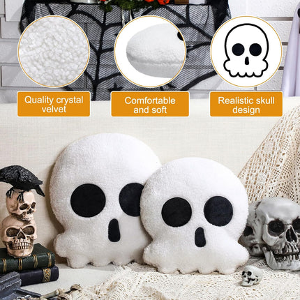 2-Piece Halloween Skull Skeleton Pillows, Crystal Velvet Gothic Decor, 14 & 12in