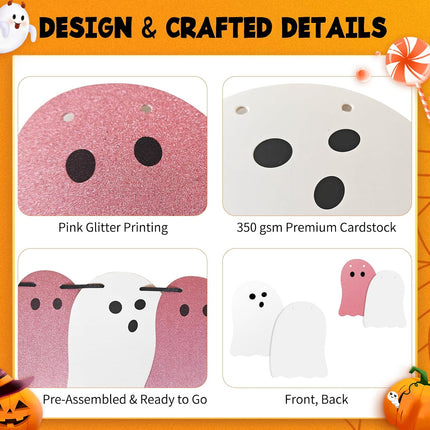 3-Pack Pink & White Halloween Ghost Banners, Hanging Garland for Home & Party Decor