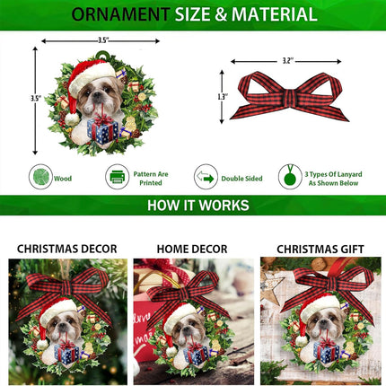 Shih Tzu Christmas Hat Wreath – Cute Dog Lover Wooden Ornament Décor