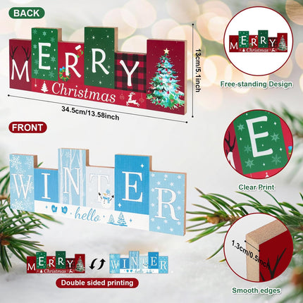 Wooden Christmas Table Centerpiece – Reversible Merry Christmas Standing Sign