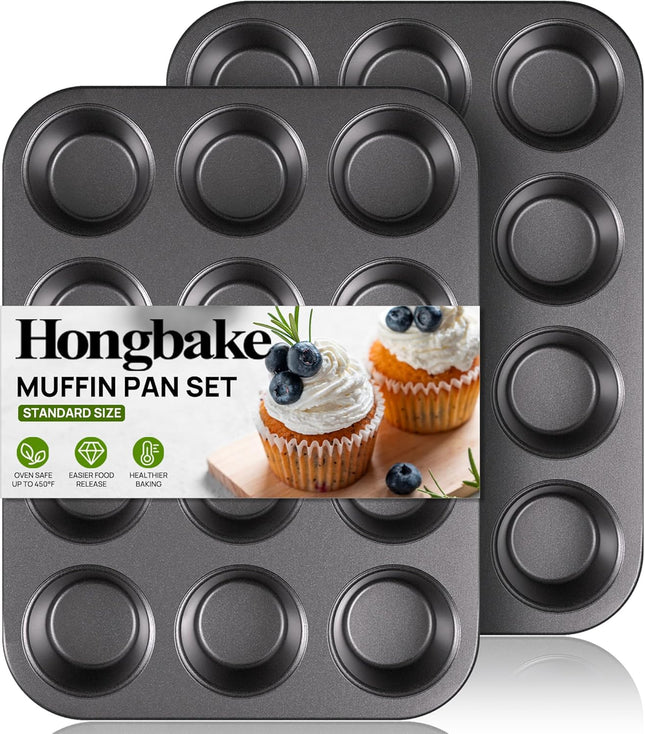 2 Pack 12 Cup Muffin Pan Nonstick Cupcake Baking Tray Dark Grey Bakeware