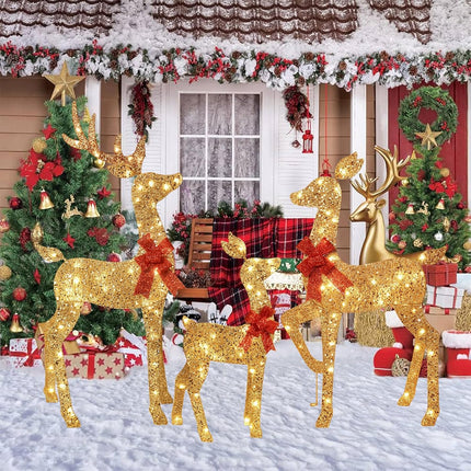 3-Piece 2D Lighted Deer Set with 145 LEDs, Outdoor Xmas Yard Decoration, Gold
