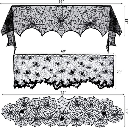 5-Piece Halloween Spiderweb Decor Set, Lace Table Runner, Mantel Scarf & 3D Bats