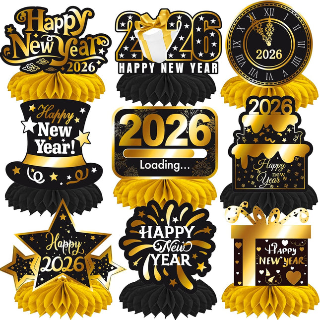 Happy New Year 2026 Table Decorations – 12-Pc Honeycomb Party Centerpieces