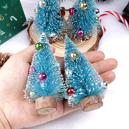 12PCS Mini Christmas Trees Blue Bottle Brush Trees with Wooden Base Decor