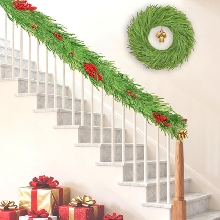Christmas Garland 6FT – Lit Norfolk Pine with Pinecones, Berries & Bells