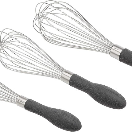 3 Pack Stainless Steel Whisk Set Black Silver Ergonomic Handle Cooking Mixing