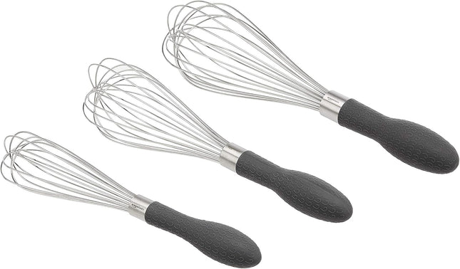 3 Pack Stainless Steel Whisk Set Black Silver Ergonomic Handle Cooking Mixing