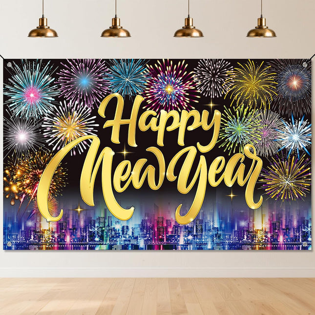 Happy New Year 2026 Banner – Fireworks Party Photo Booth Background