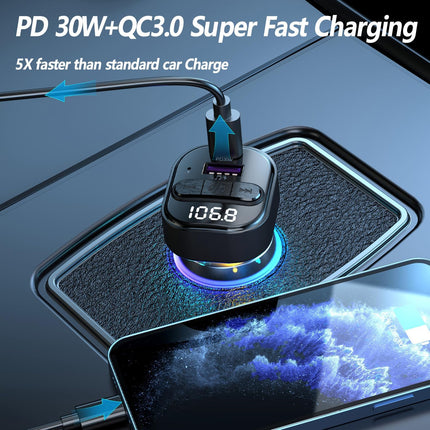 Bluetooth FM Transmitter Car Charger with LED Display USB C PD Support