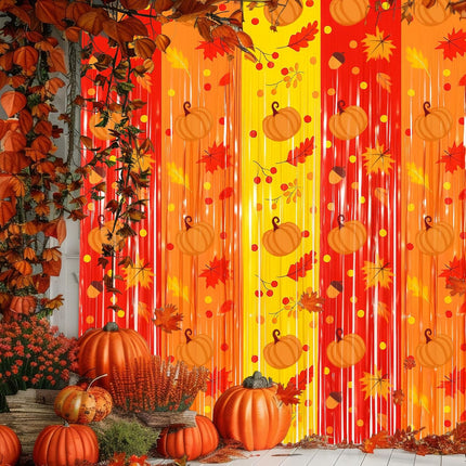 2-Pack Thanksgiving Fringe Curtains Red Orange Yellow Tinsel Party Backdrop Décor