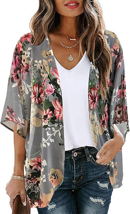 Women's Floral Print Puff Sleeve Kimono Cardigan Loose Casual Cover Up Blouse Top 2026
