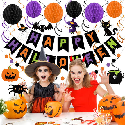 Happy Halloween Banner Garland Set with Honeycomb Balls & Hanging Swirls, Party Decor