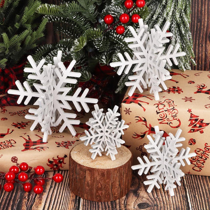 8PCS Wooden Snowflake Decorations – 3D White Glitter Tabletop Xmas Centerpieces