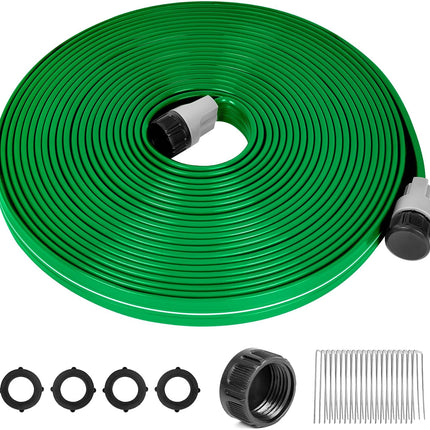 50FT Flat Soaker Sprinkler Hose with 20 Staples, Heavy Duty Garden Watering Hose