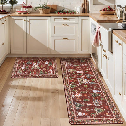 2-Piece Non-Slip Christmas Rug Set, Red Vintage Runners for Kitchen or Office
