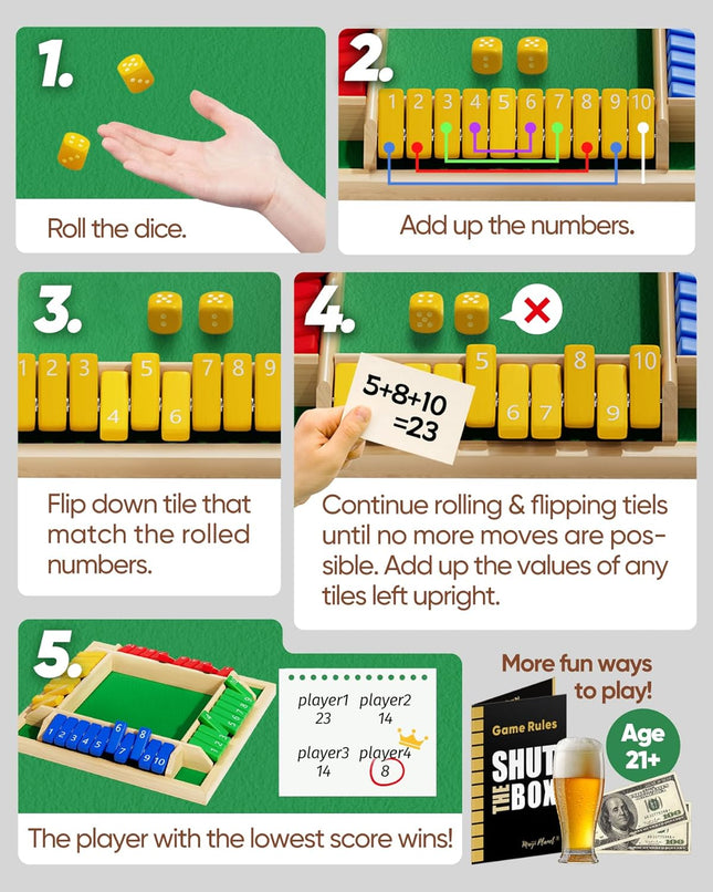 Original Shut The Box Game Wooden Math Dice Game for Kids Adults Family