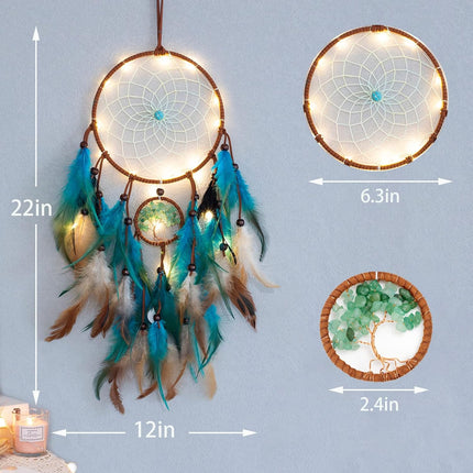 Blue Tree of Life Dream Catcher with Feathers, Quartz Beads and LED Fairy Lights