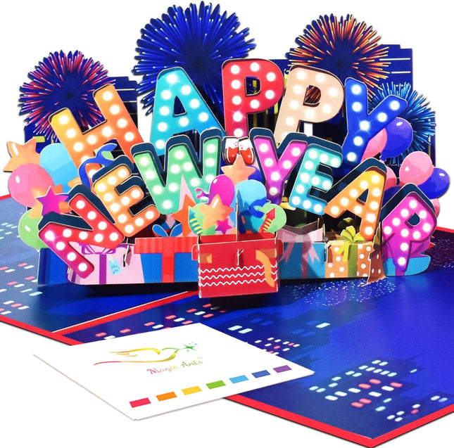 3D Pop-Up Happy New Year Card Fireworks Balloons Festive Greeting