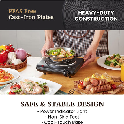 1000W Electric Countertop Burner – Cast Iron, 7 Heat Settings, Portable