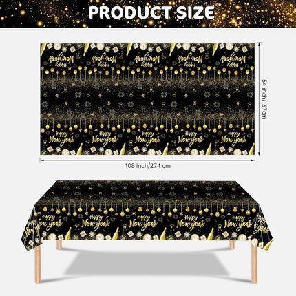 2 Pcs Happy New Year 2026 Tablecloth Black Gold Disposable Party Decor