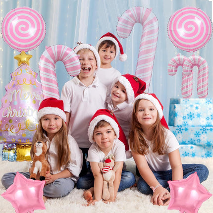 9PCS Pink Christmas Balloons – Tree & Candy Cane Foil Balloons for Party