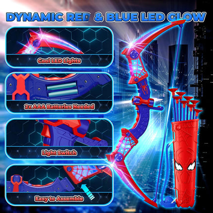 Spider Bow and Arrow Toy Set with LED Lights Target and 8 Suction Arrows