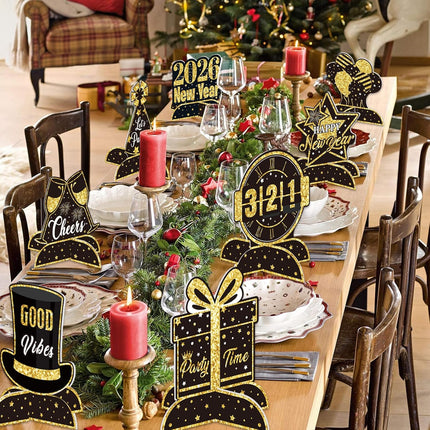 Happy New Year 2026 Table Decor – Black & Gold Honeycomb Centerpieces
