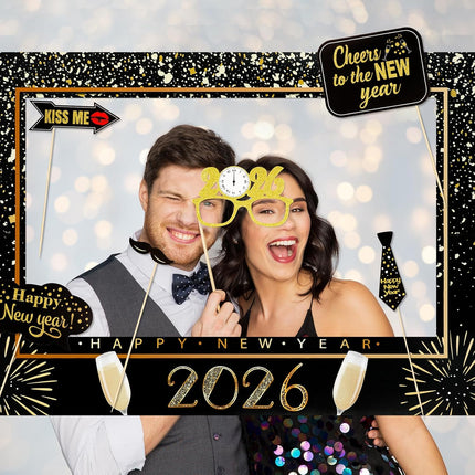 Happy New Year 2026 Photo Props with Frame – Gold Glitter NYE Party Kit