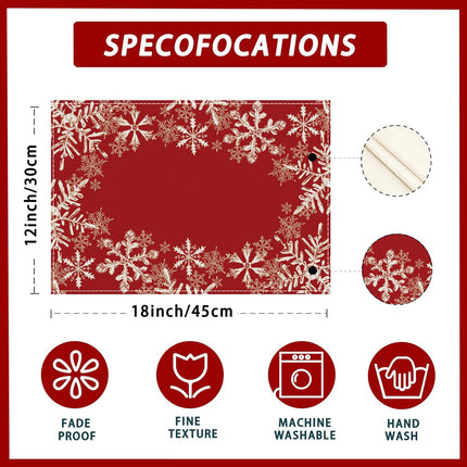 Red Snowflake Christmas Placemats – Set of 4 Winter Table Mats 12x18"