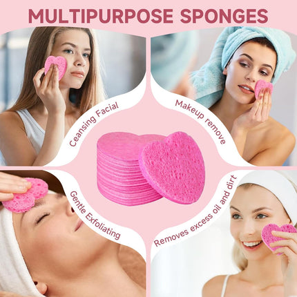 100-Pc Pink Heart Facial Sponges – Natural Cellulose, Gentle Cleansing & Exfoliating