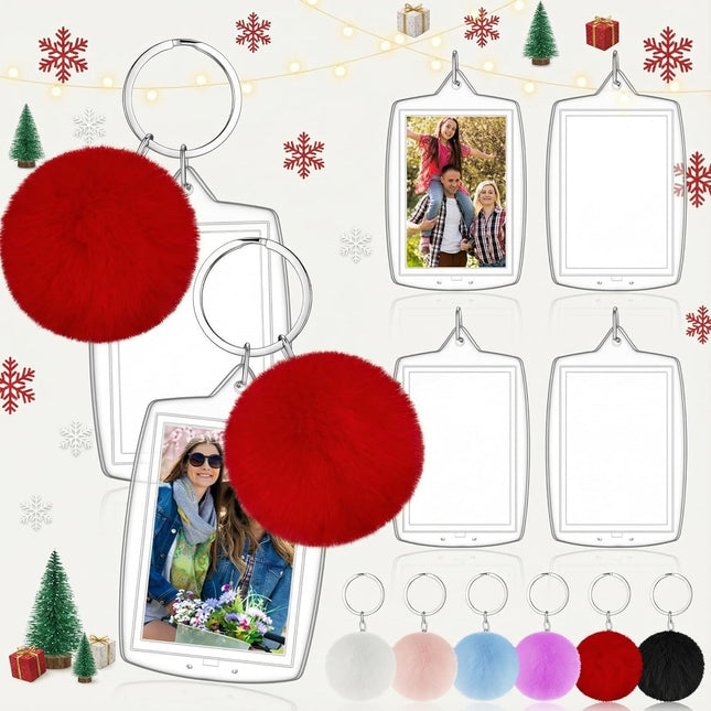 6PCS Christmas Photo Keychains – Acrylic with Colorful Fluffy Poms