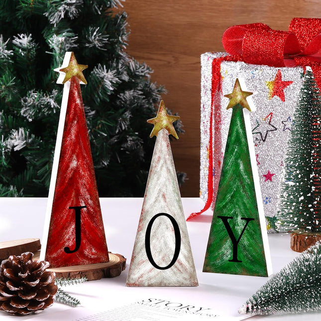 3pcs Wooden Christmas Trees – Farmhouse Decor with Gold Stars for Tabletop Display