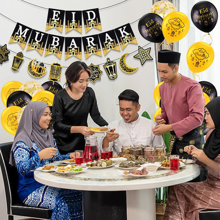 32 PCS Eid Mubarak Balloons – Black & Gold, 12", Includes 2 Ribbons