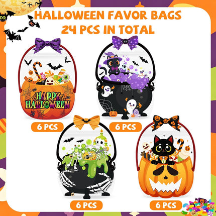 24PCS Halloween Candy Treat Bags, 4 Styles Witch Cauldron Gusseted Goodie Bags