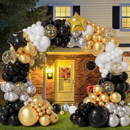 152-Pc New Year Balloon Arch Kit – Black, Gold, White & Silver Balloons
