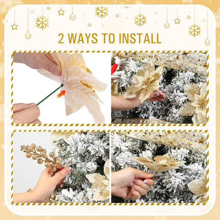 24pcs Gold Christmas Decorations – 12 Poinsettia Flowers & 12 Glitter Tree Picks