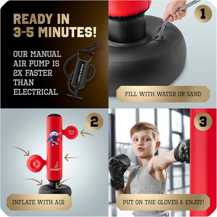 Kids Punching Bag Set – 5’3” Inflatable Bag with Gloves, Pads & Pump