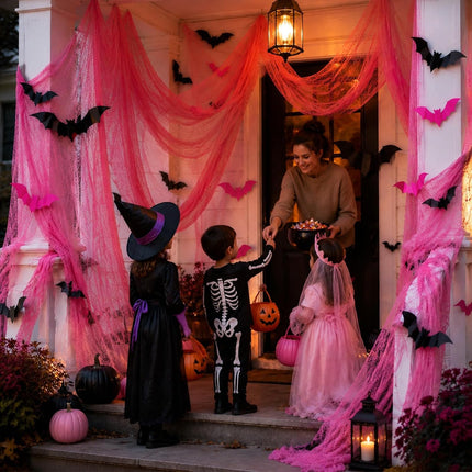 118x138in Pink Halloween Gauze with 32 3D Bats, Creepy Haunted House Party Decor