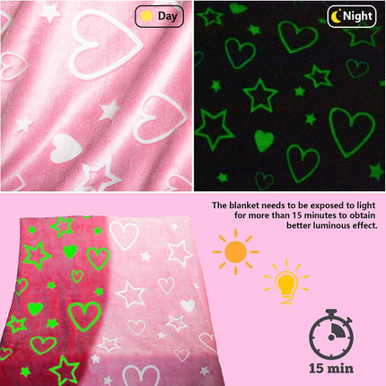 Christmas Girls Throw Blanket, Soft Pink Glow-in-the-Dark Love Blanket with Storage Bag